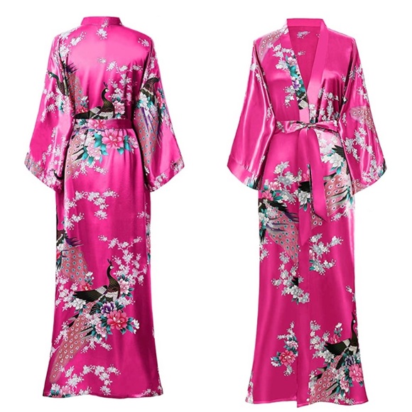 🌺 ROBE DUSTER FLOWER BOHO HOT PINK SILK LONG MAXI FLORAL LOUNGE SATIN COZY - Picture 5 of 5
